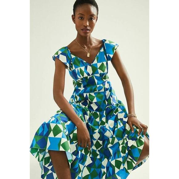 FARM RIO Medium Tiered Maxi Dress Carmelita Geometric Blue Green Ruffle - Picture 3 of 9